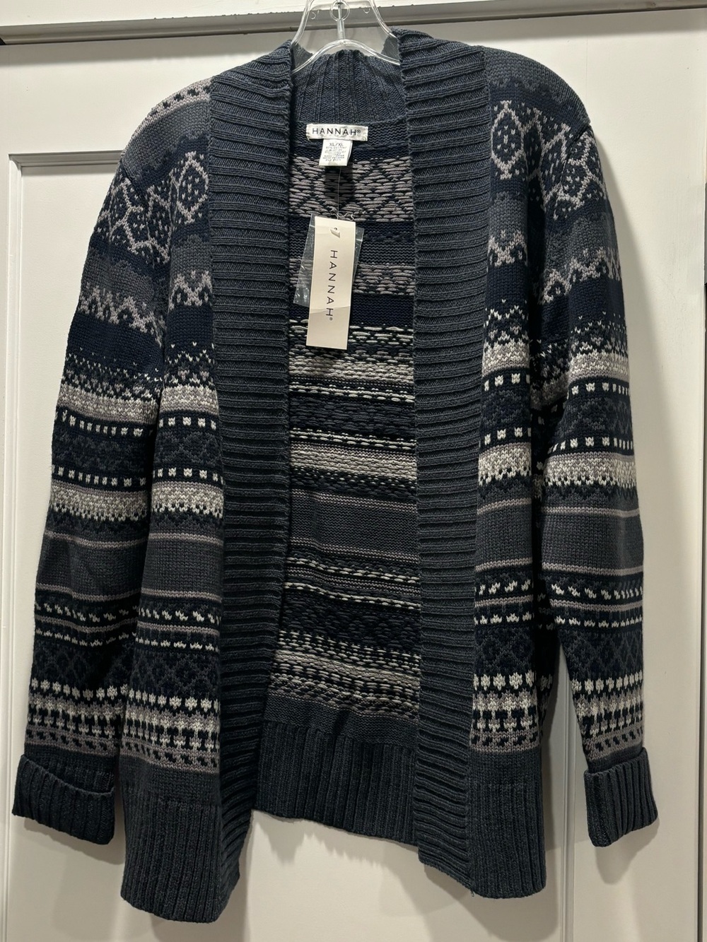 Hannah NEW Fair Isle Jacquard Knit Open Cardigan Black Grey White Womens XL Fall